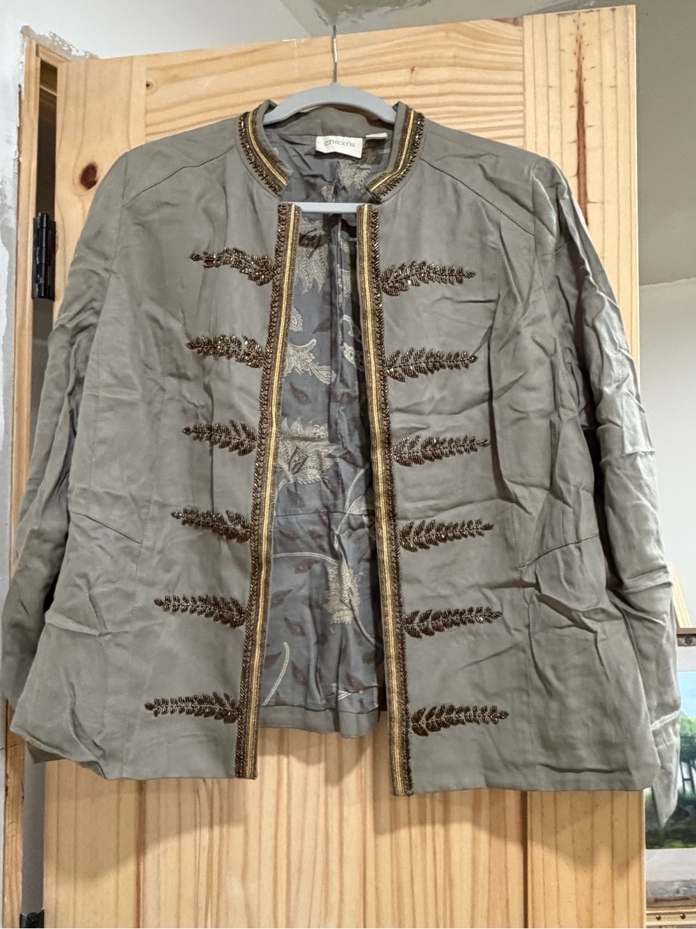 Chico's Olive Green Embroidered Military Blazer